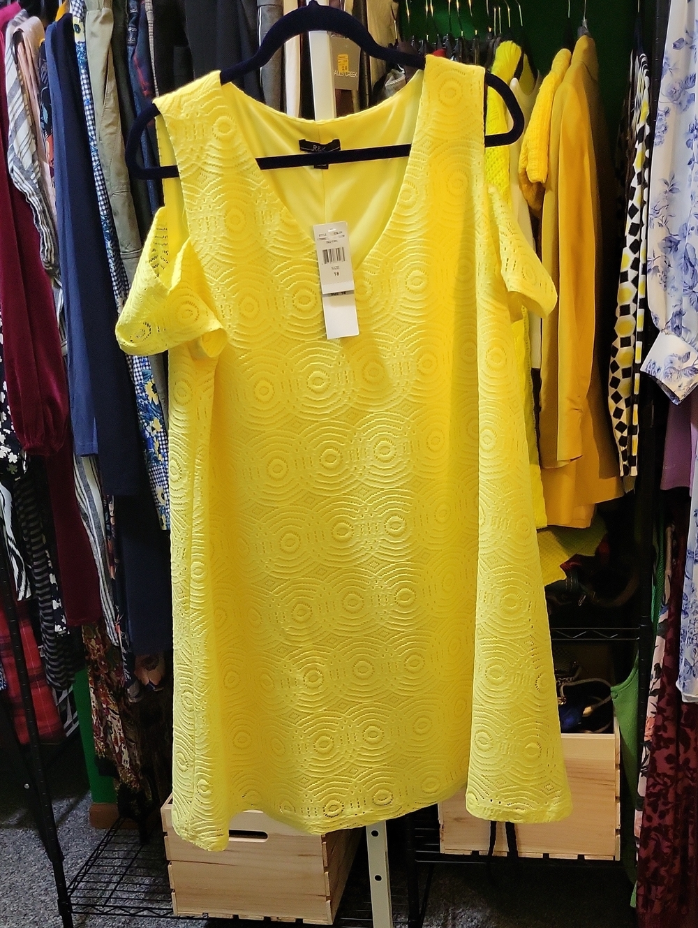 R&K Bright Yellow Cold-Shoulder Lace Mini Dress